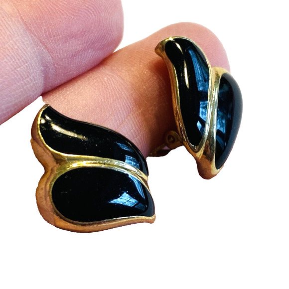 Vintage 1980’s Clip On Earrings Gold & Black Enamel Conservative Boss Lady - Picture 5 of 6